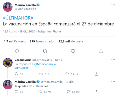 Conversación entre Mónica Carillo y @CoronaVid19 por Twitter.